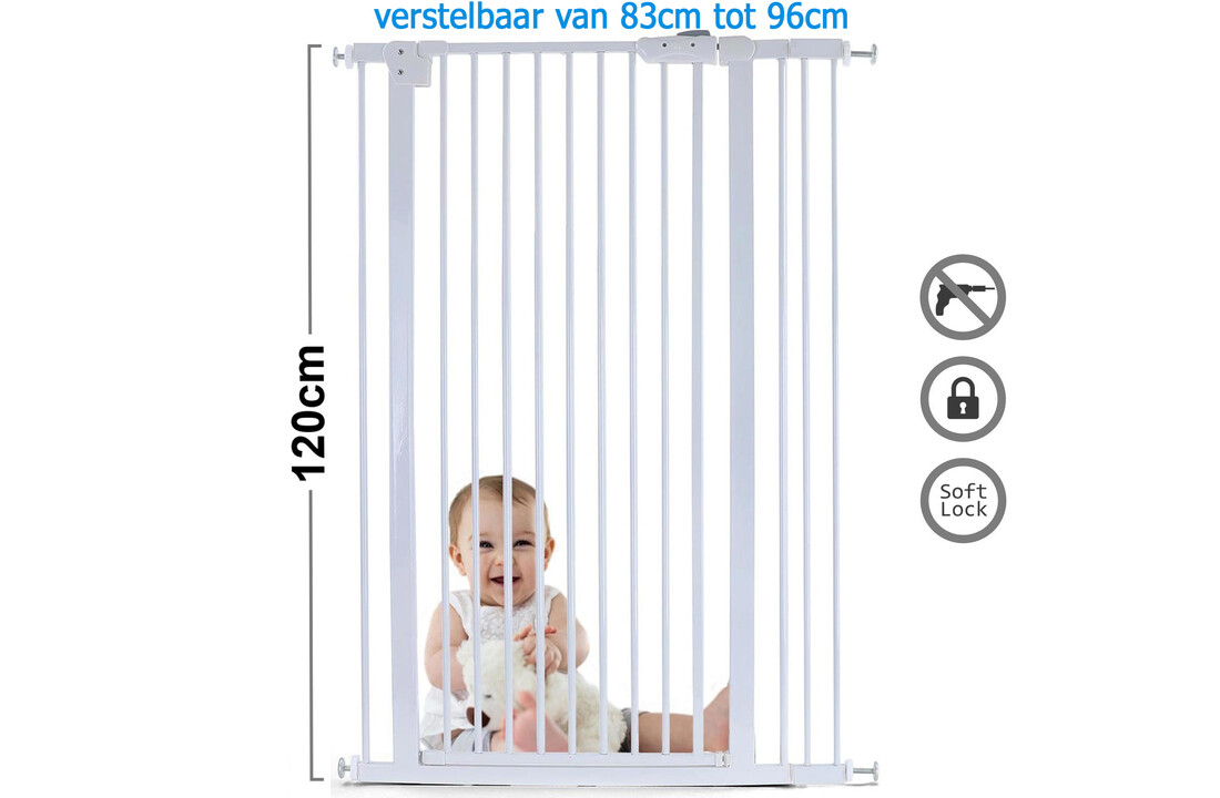 Babybeveiliging trap: wit metaal, 83-96cm verstelbaar, 120cm hoog
