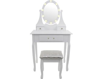 Kaptafel met spiegel en kruk - Wit Grenen/MDF 80x40x137cm