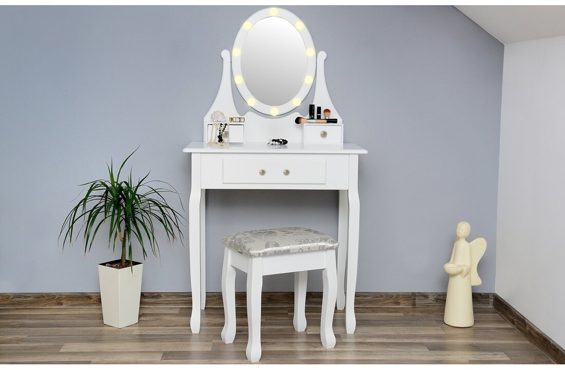 Witte kaptafel met lades - 80x40x137cm | Grenen & MDF | LED Spiegel