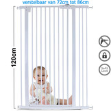 Traphek baby: 72-86cm, wit metaal, 120cm hoog, klem/zonder boren