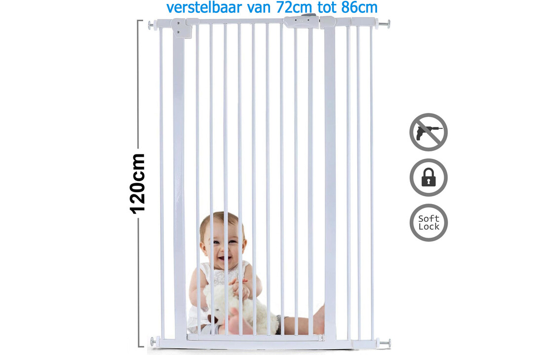 Kinderhekje deur 72-86cm - wit metaal - 120cm hoog