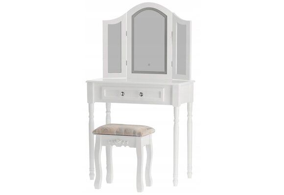 Witte kaptafel lades: 74,5x40x137cm, MDF, met LED spiegel & kruk