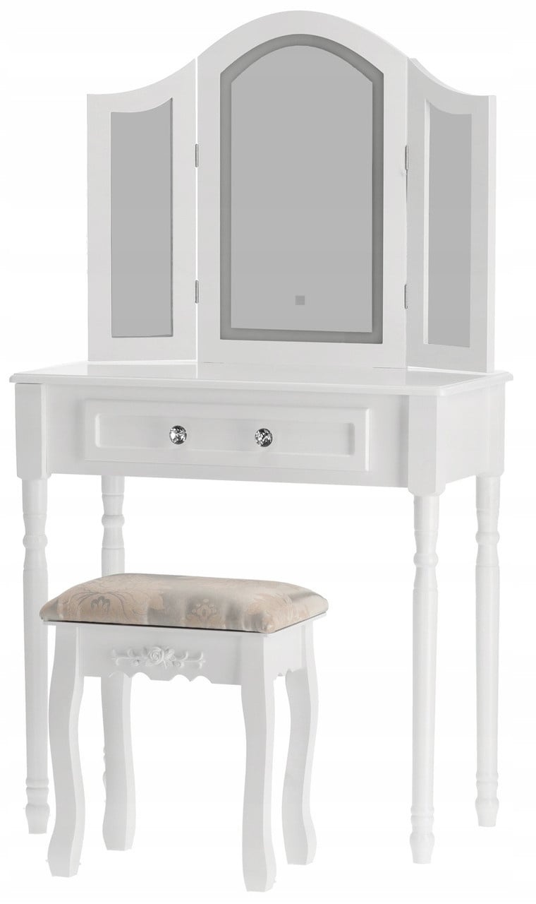 Witte kaptafel lades: 74,5x40x137cm, MDF, met LED spiegel & kruk