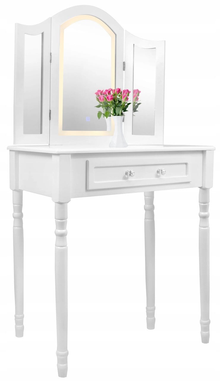 Witte kaptafel lades: 74,5x40x137cm, MDF, met LED spiegel & kruk