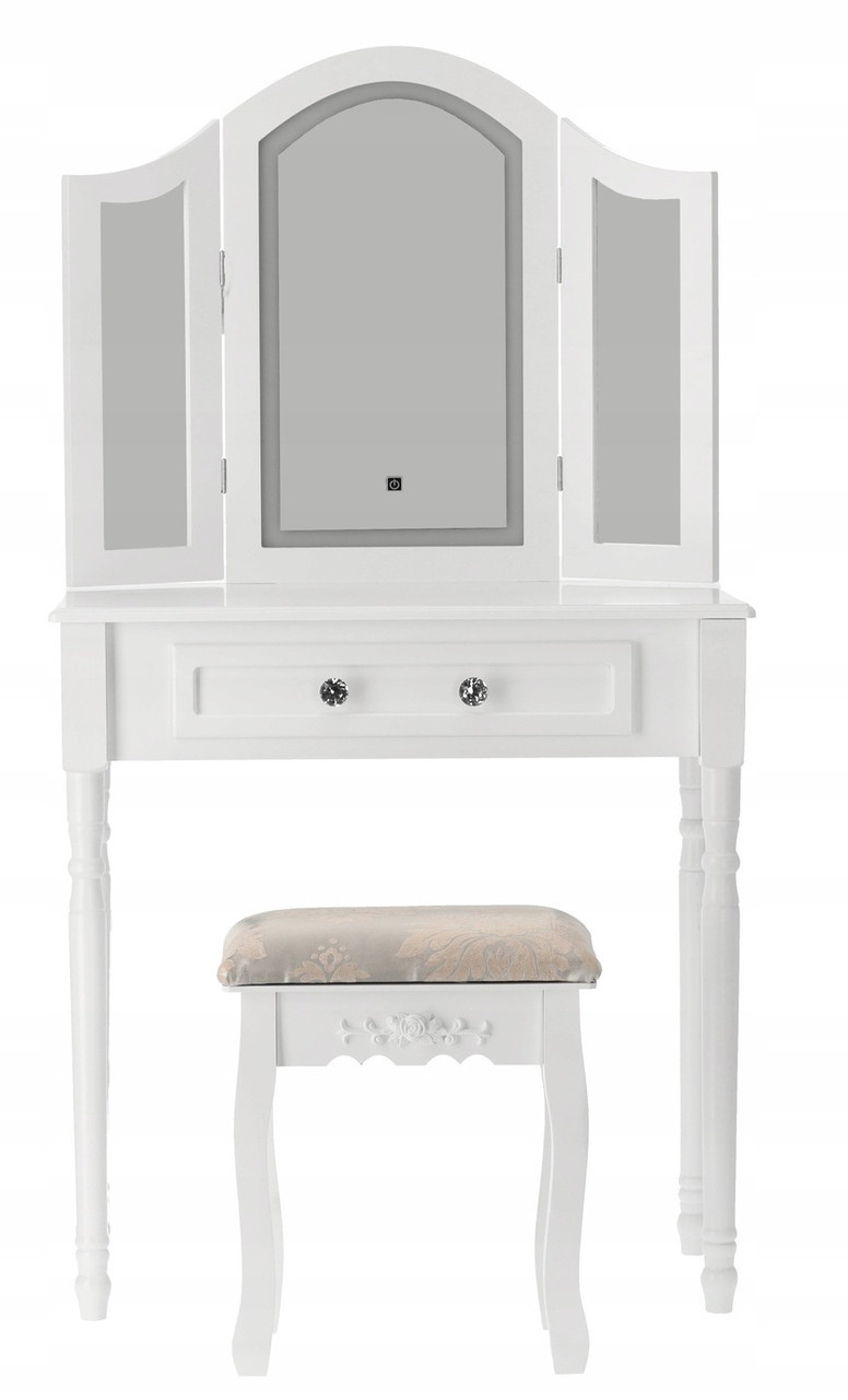 Witte kaptafel lades: 74,5x40x137cm, MDF, met LED spiegel & kruk