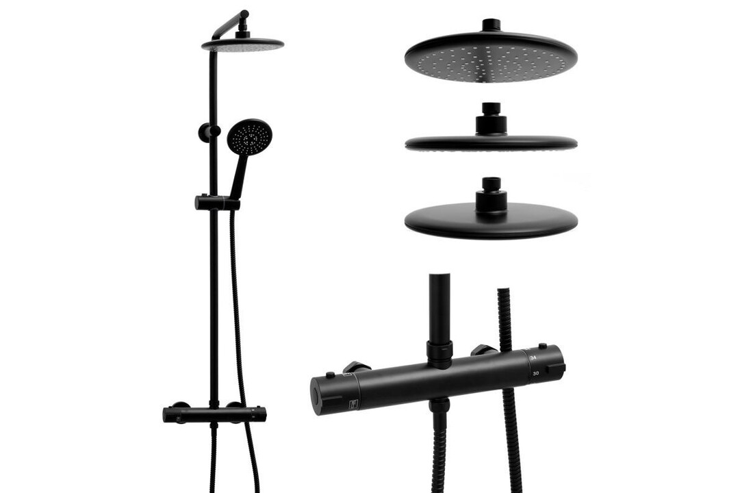 Regendouche zwart | Thermostaatkraan | 20cm Douchekop | Messing/RVS