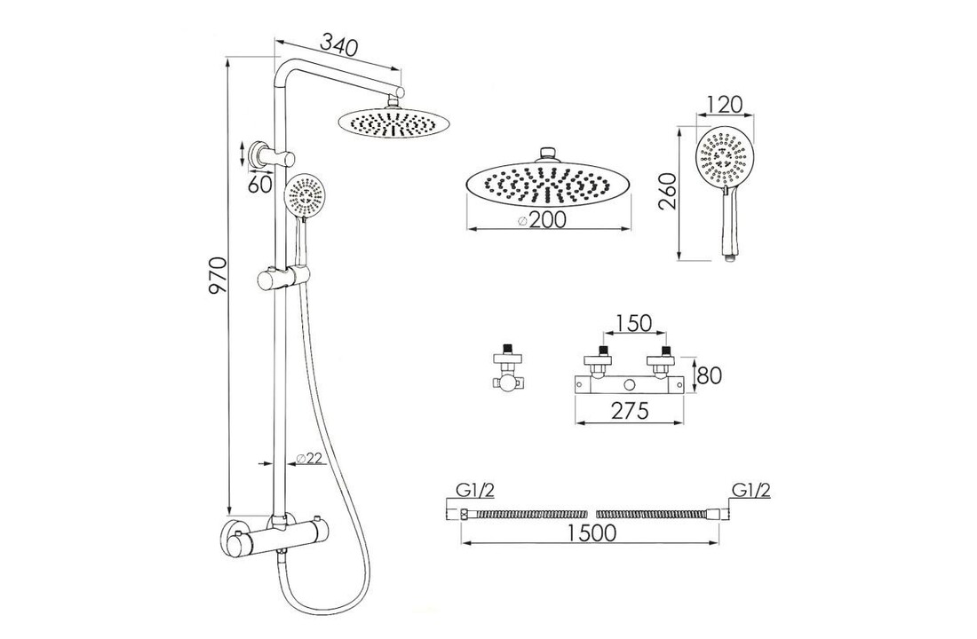Thermostaat douchekraan: Luxe Regendouche 20cm Zwart Messing/RVS