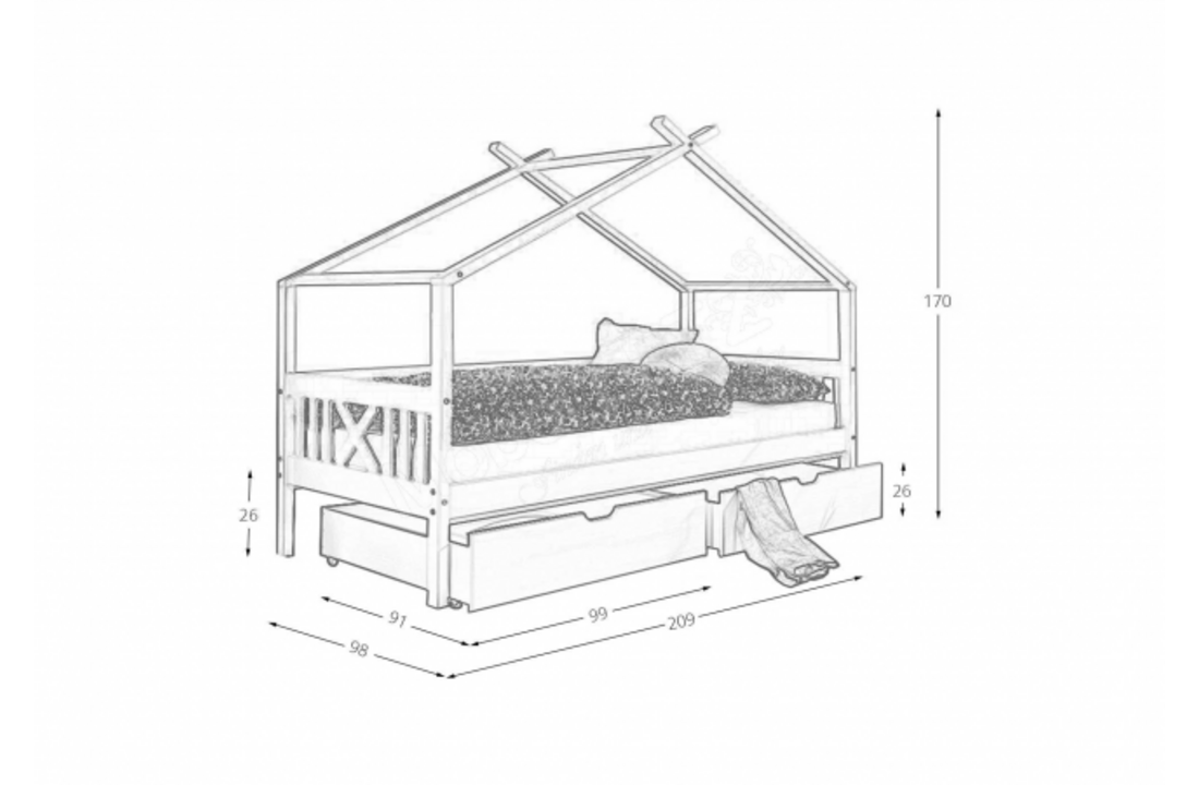 Kinderbed 90x200 wit huisbed met 2 lades | Grenenhout