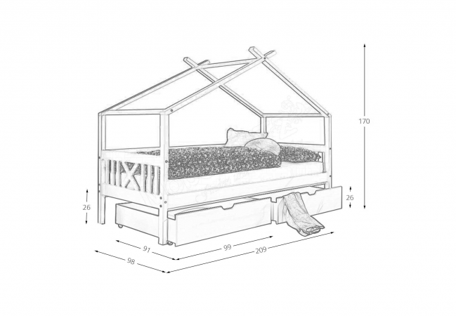 Kinderbed 90x200 wit huisbed met 2 lades | Grenenhout