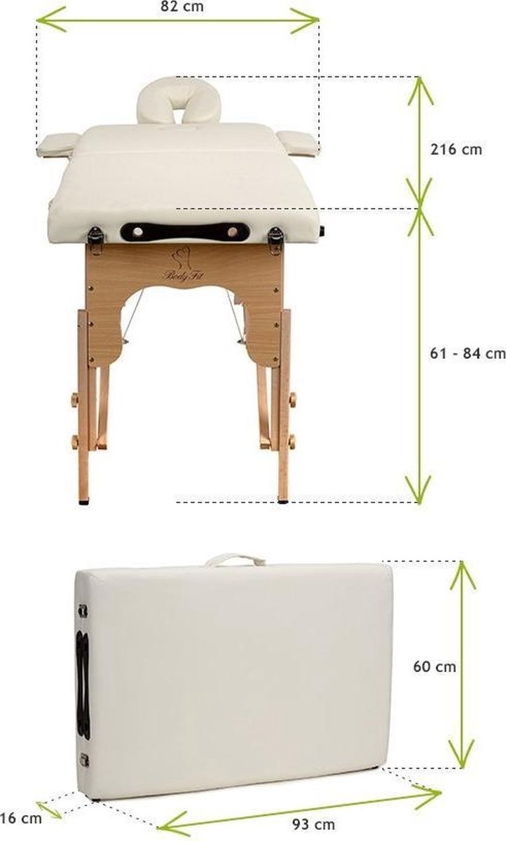 Verstelbare massagetafel crème | Houten 2-segment | 216x60 cm | Eco-leer
