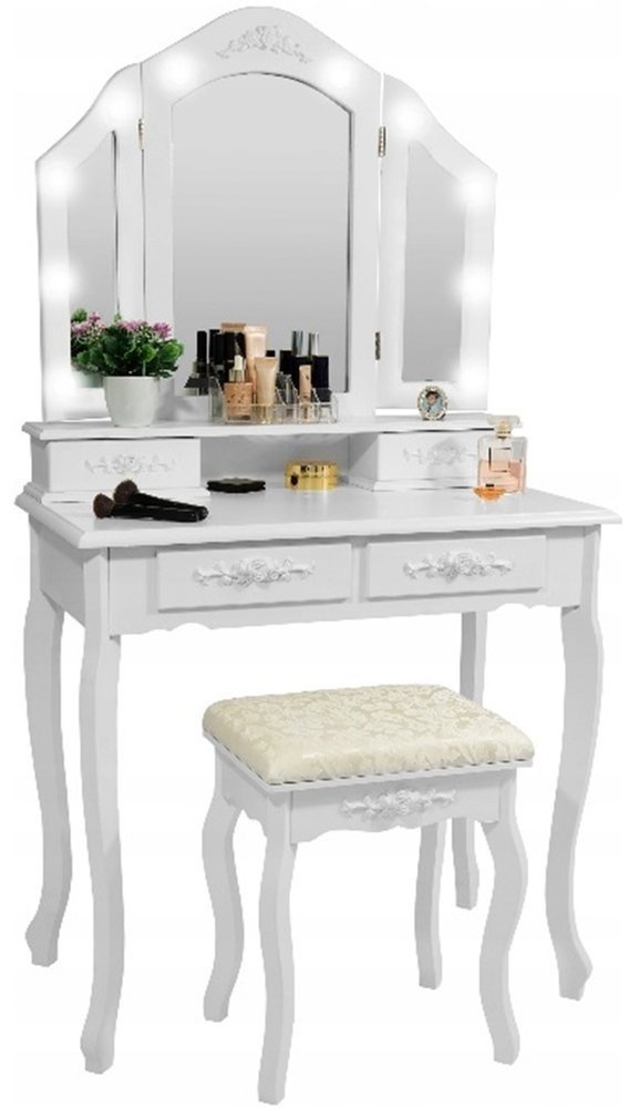 Kaptafel met spiegel en verlichting - Wit, 75x45x140cm, MDF/Grenenhout