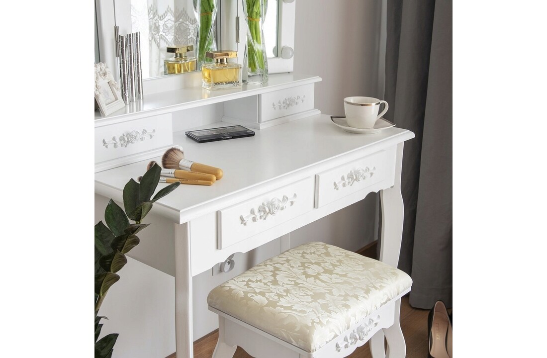 Kaptafel met spiegel en verlichting - Wit, 75x45x140cm, MDF/Grenenhout