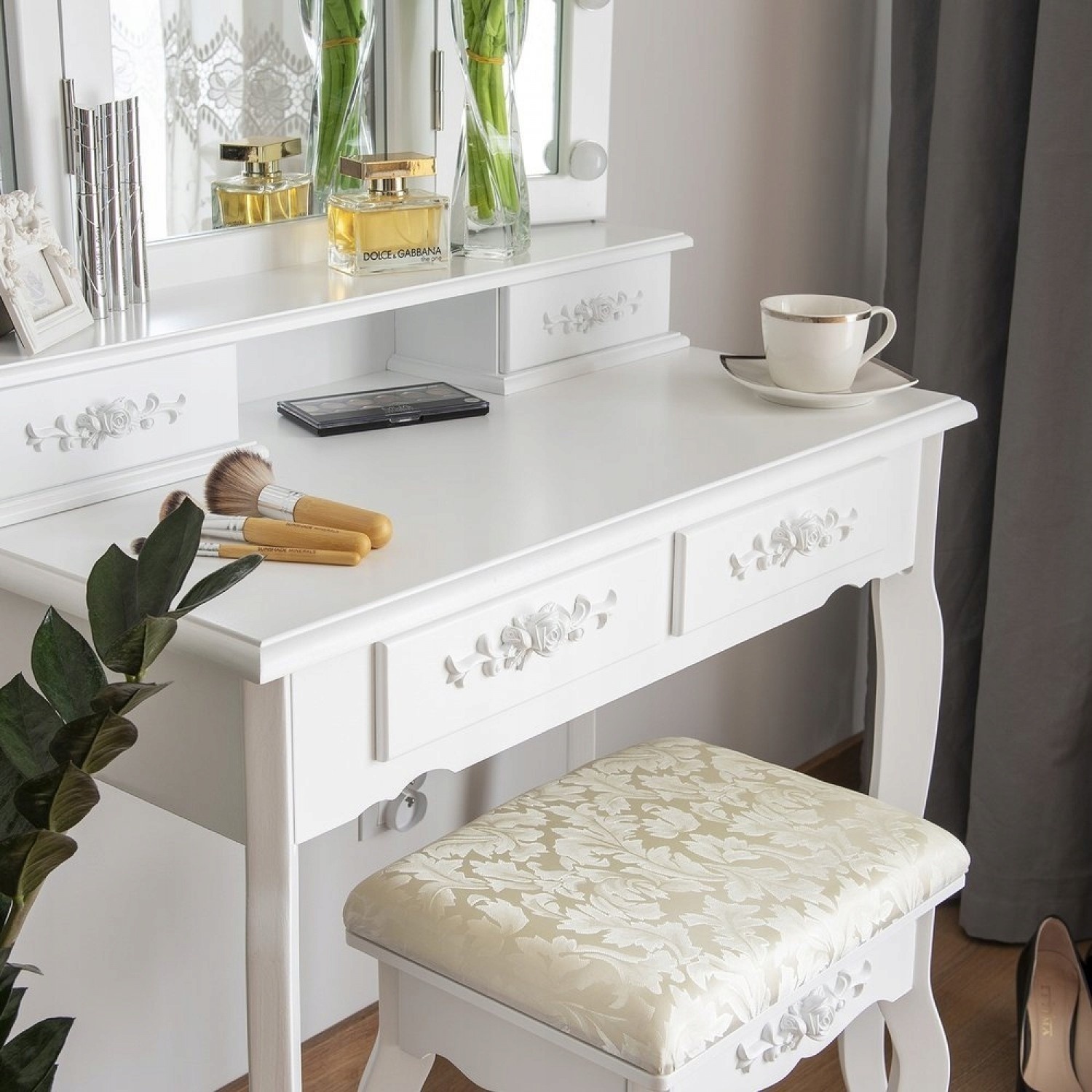 Kaptafel met spiegel en verlichting - Wit, 75x45x140cm, MDF/Grenenhout