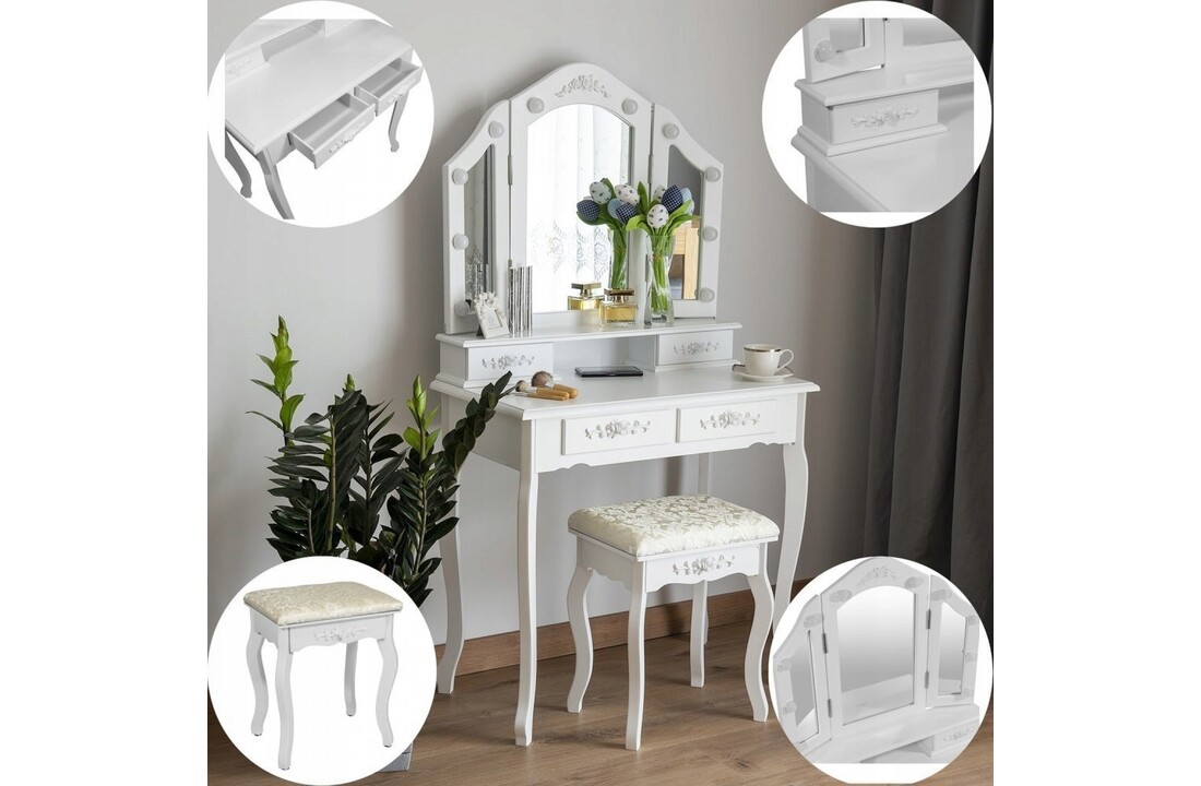 Kaptafel met spiegel en verlichting - Wit, 75x45x140cm, MDF/Grenenhout