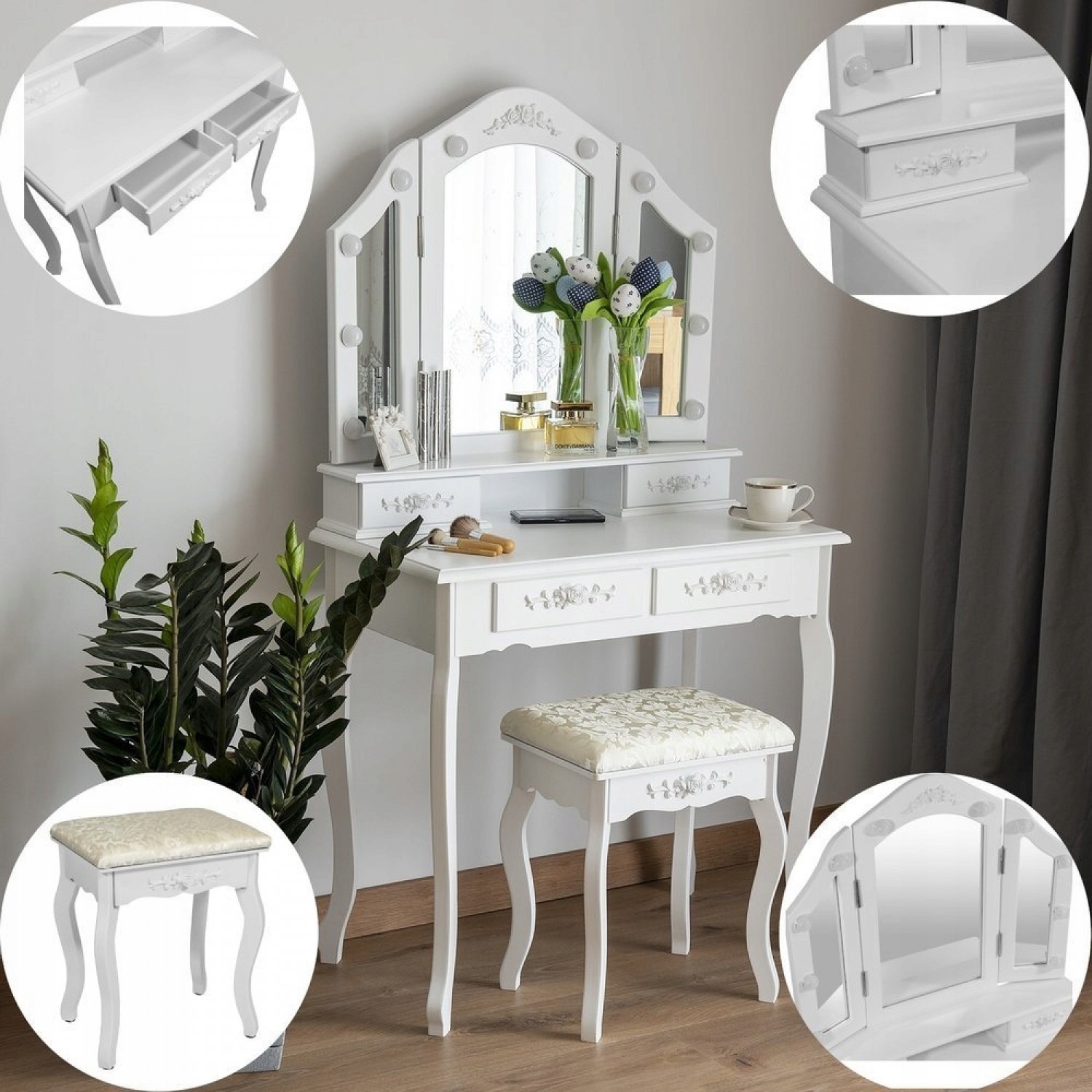 Kaptafel met spiegel en verlichting - Wit, 75x45x140cm, MDF/Grenenhout