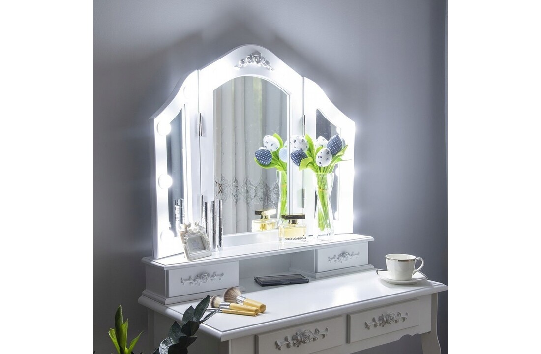 Kaptafel met spiegel en verlichting - Wit, 75x45x140cm, MDF/Grenenhout