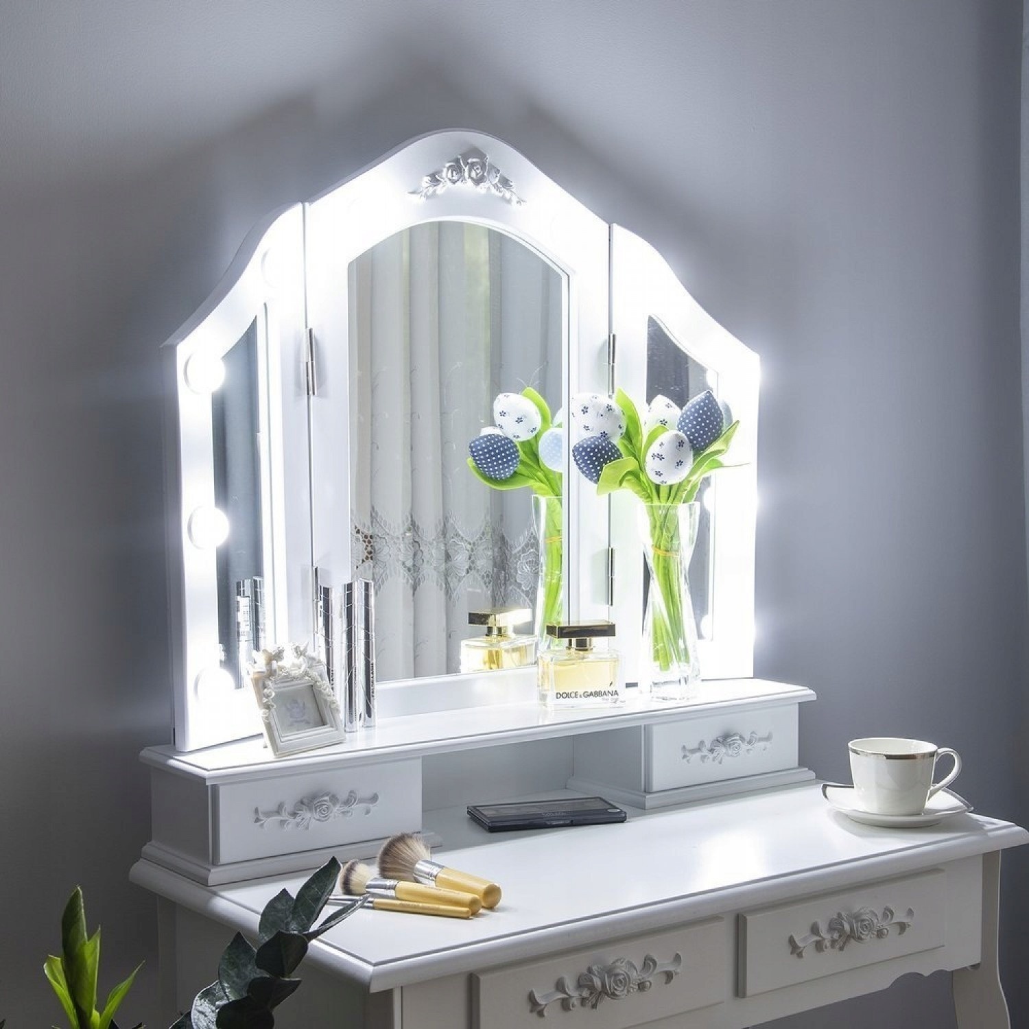 Kaptafel met spiegel en verlichting - Wit, 75x45x140cm, MDF/Grenenhout