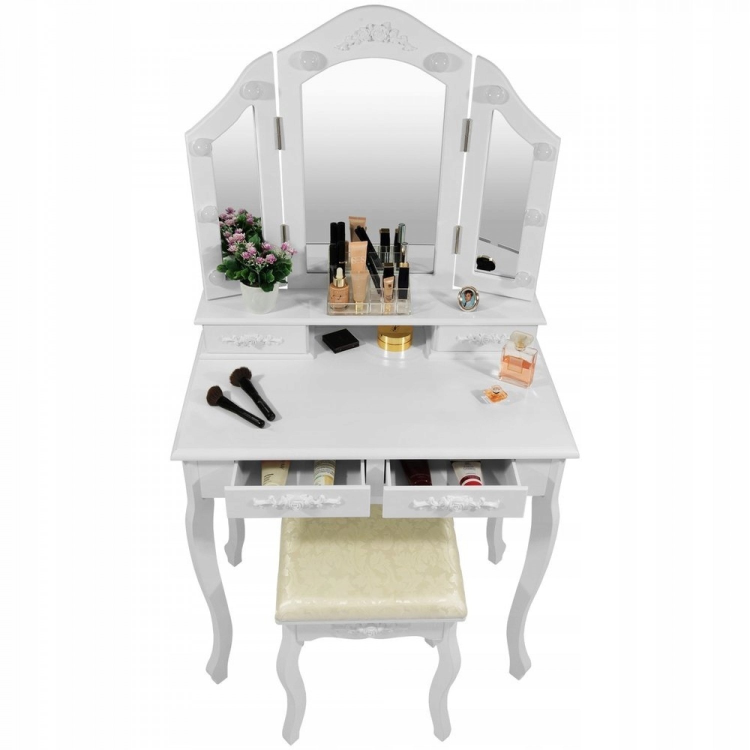 Make-up tafel wit met krukje | Kaptafel met LED | 75x45x140 cm | MDF/Grenenhout