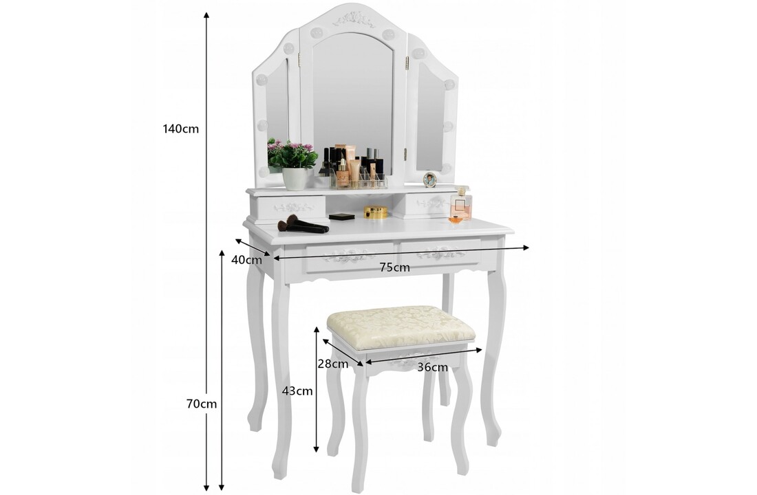 Make-up tafel wit met krukje | Kaptafel met LED | 75x45x140 cm | MDF/Grenenhout