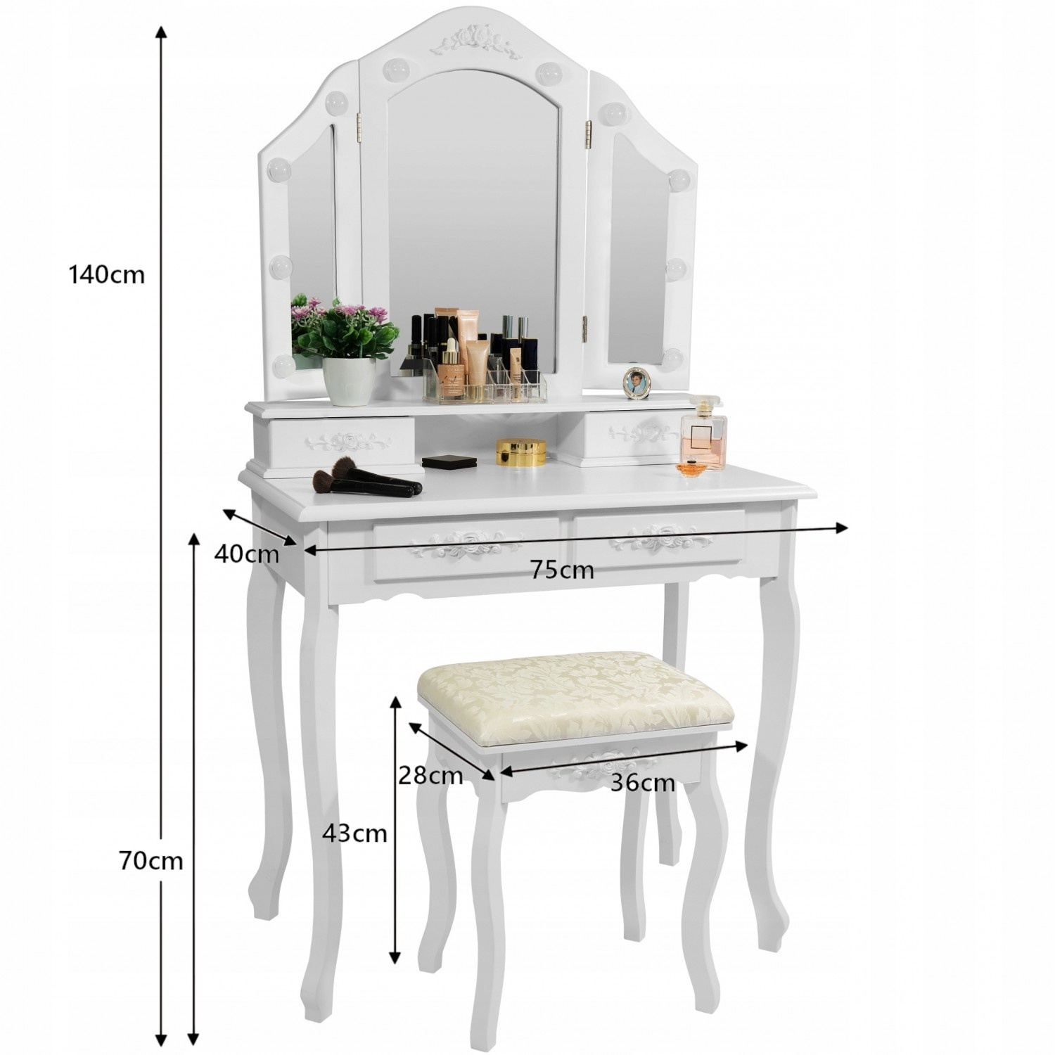 Klassieke kaptafel met led verlichting - Wit, MDF/Grenenhout, 75x45x140cm