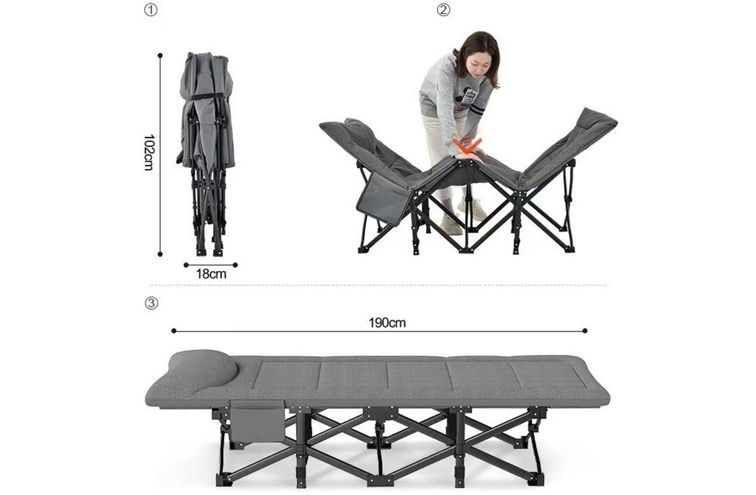 Opklapbed deluxe - 190x70x36.5cm, grijs, 600D Oxford