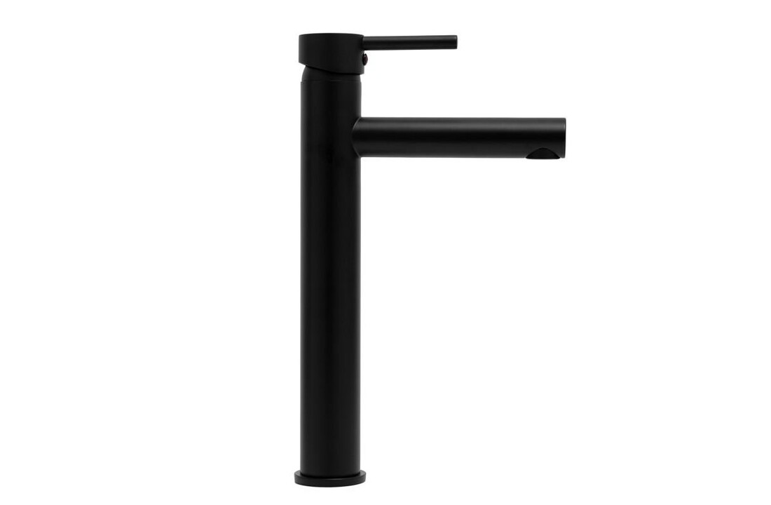 Vrijstaande wastafelkraan matzwart met lange uitloop, messing