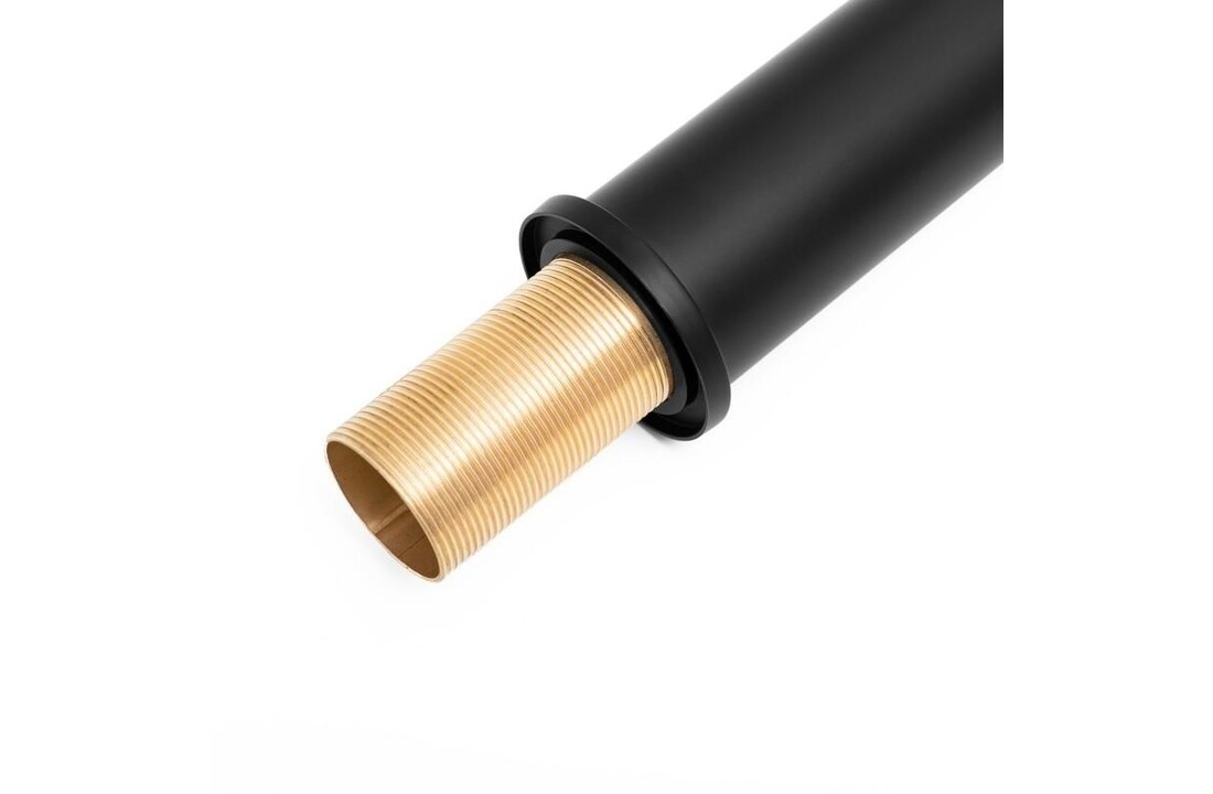 Vrijstaande wastafelkraan matzwart met lange uitloop, messing