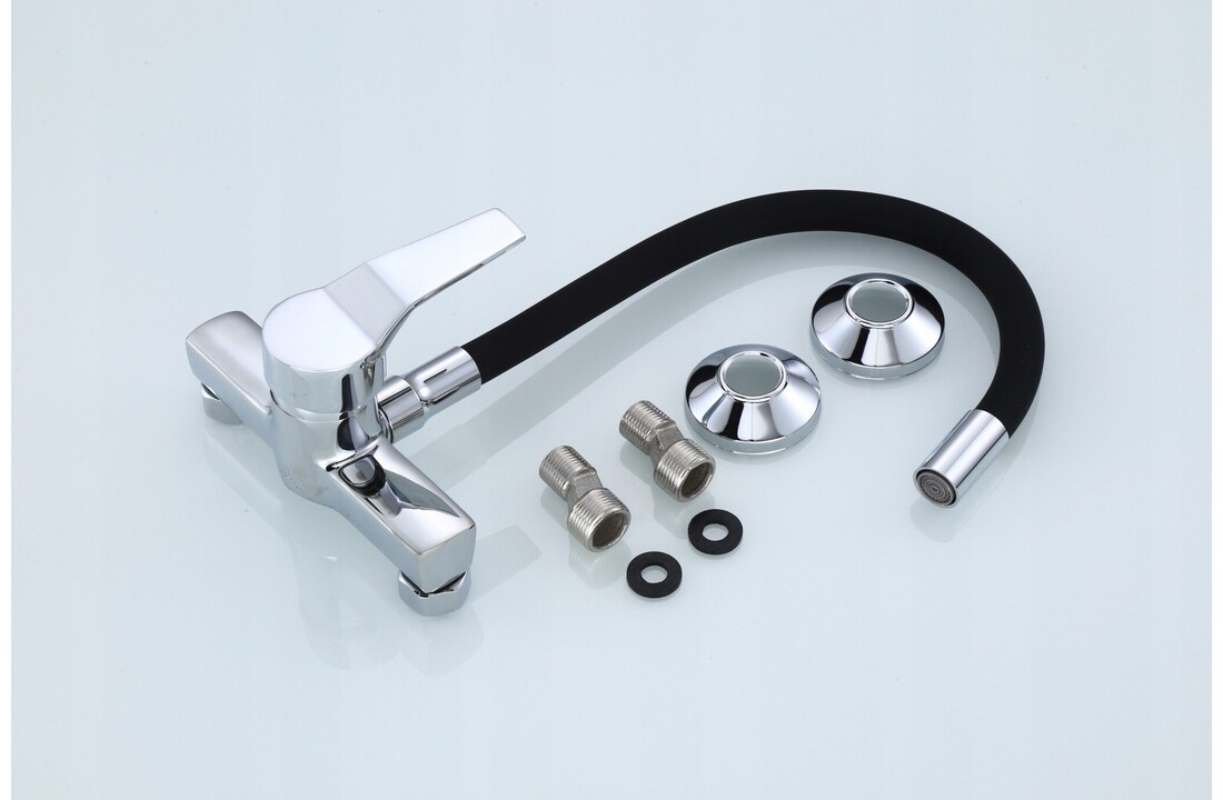 Zwarte keukenkraan wandmontage - Flexibel, Messing, Chroom Afwerking