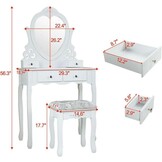 Kaptafel met spiegel en krukje - Wit, MDF/Grenenhout, 50x30x136cm