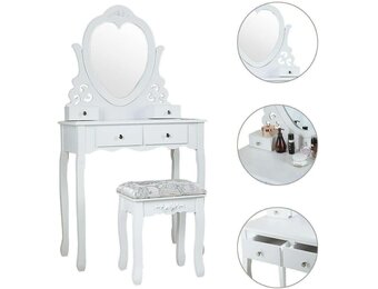 Witte make-uptafel met hartspiegel & krukje - 50x30x136cm
