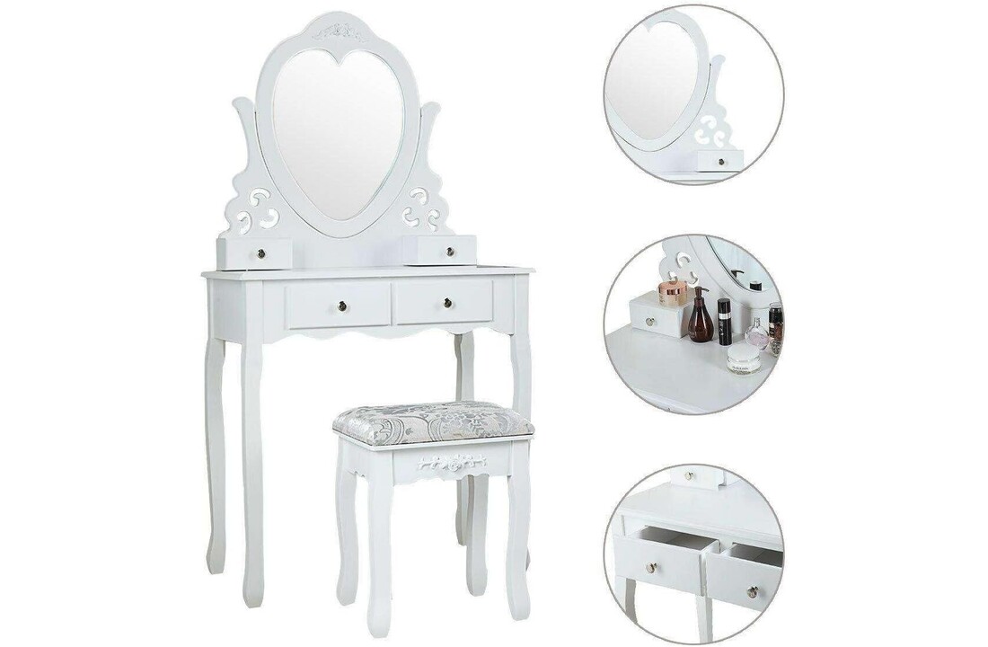 Kaptafel met hart spiegel | Wit MDF & Grenenhout | 50x30x136cm