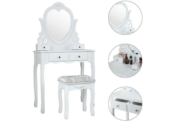 Kaptafel met hart spiegel | Wit MDF & Grenenhout | 50x30x136cm