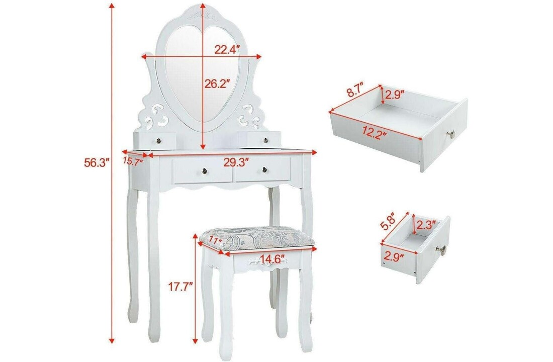 Kaptafel met hart spiegel | Wit MDF & Grenenhout | 50x30x136cm
