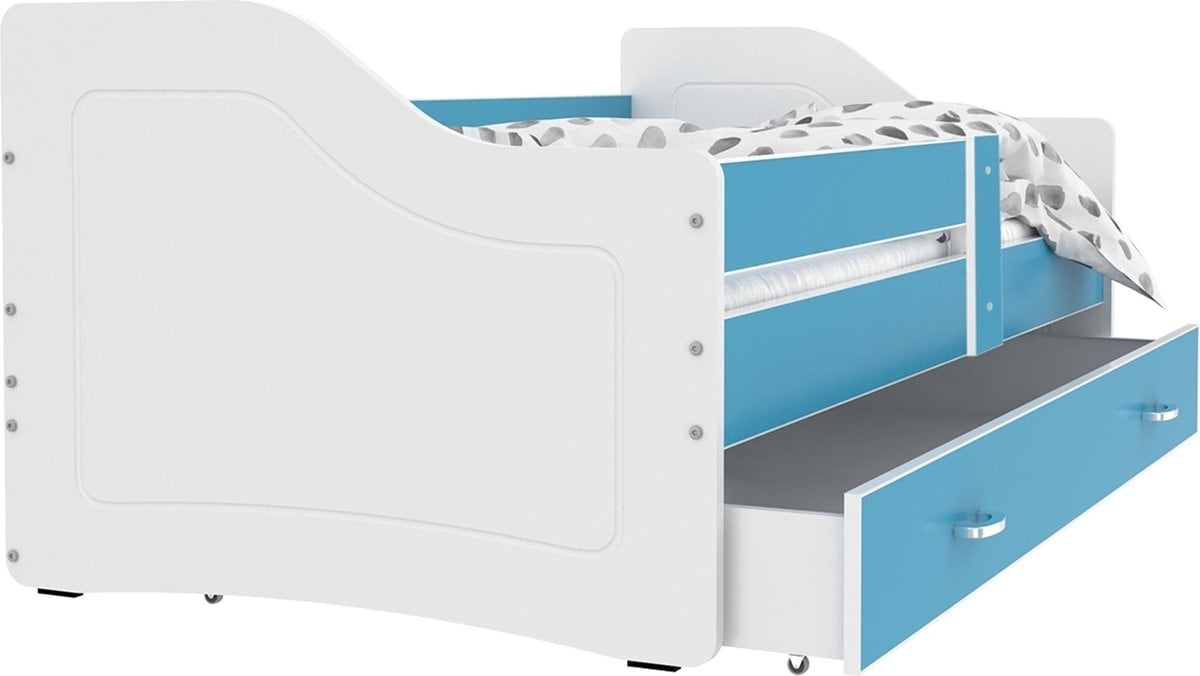 Wit Blauw Kinderbed 180x80 cm - Luxe Hout - Met Lade & Matras
