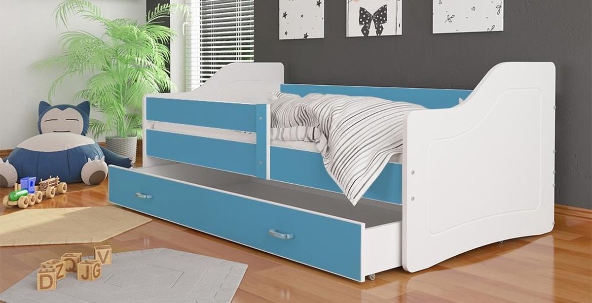 Wit Blauw Kinderbed 180x80 cm - Luxe Hout - Met Lade & Matras
