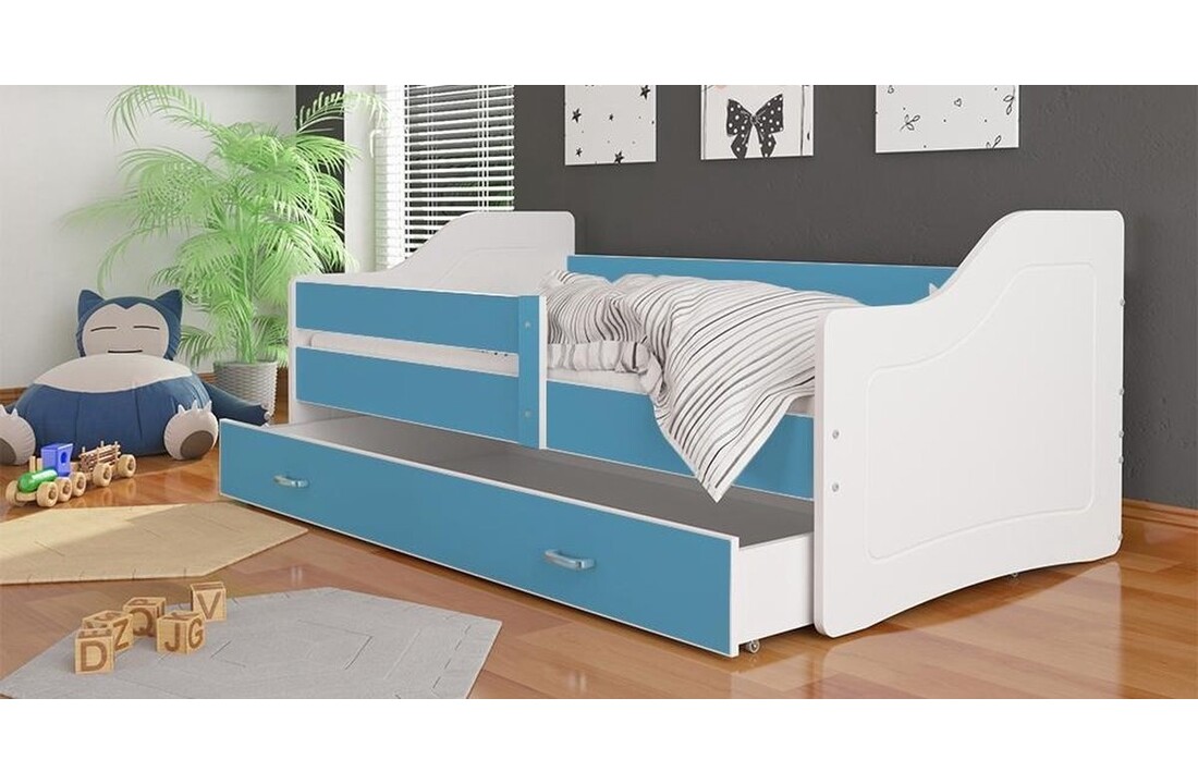 Bed kind met matras en lade - 180x80cm, wit/blauw, hout