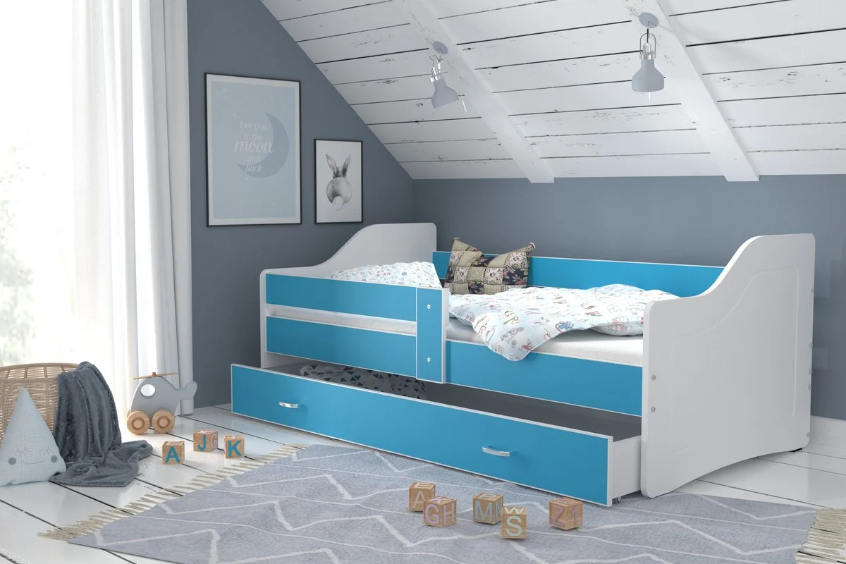 Bed kind met matras en lade - 180x80cm, wit/blauw, hout