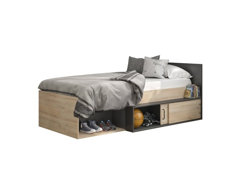 Eenpersoonsbed met lade - 90x200 cm, Eiken/Zwart, Spaanplaat