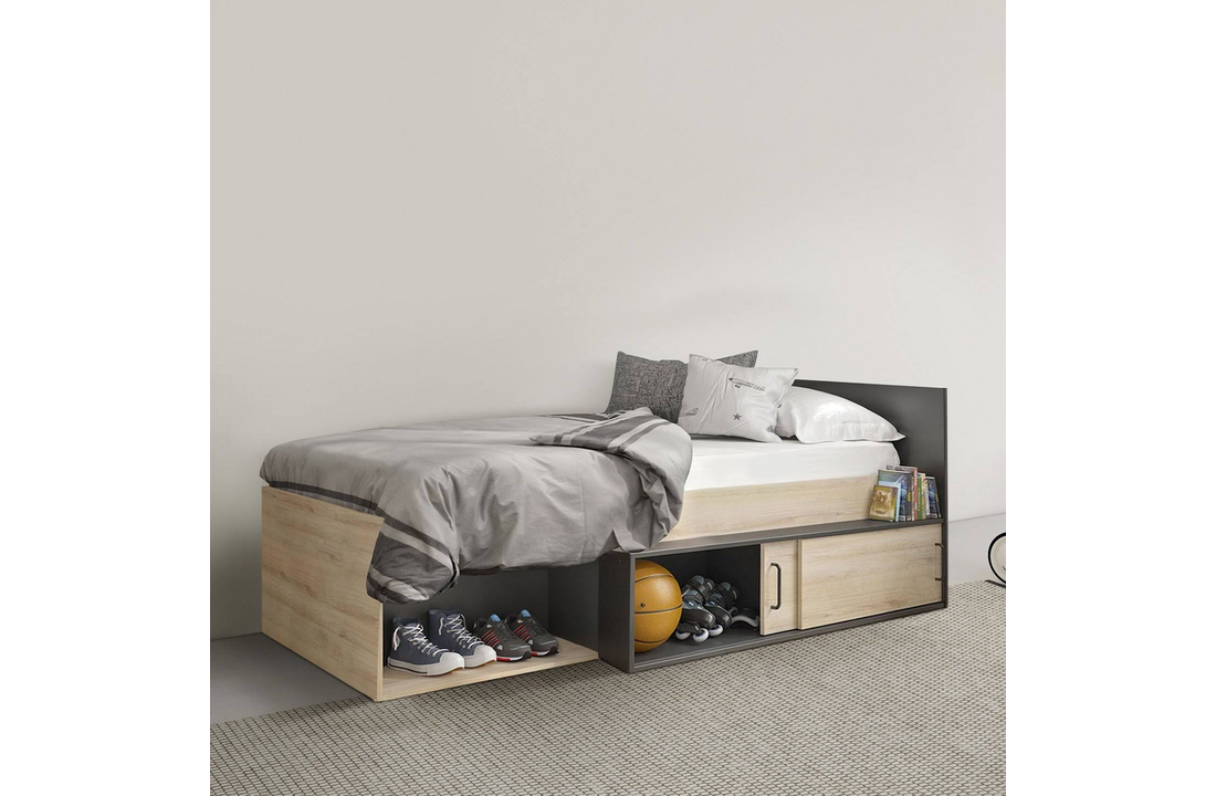 Eenpersoonsbed met lade - 90x200 cm, Eiken/Zwart, Spaanplaat