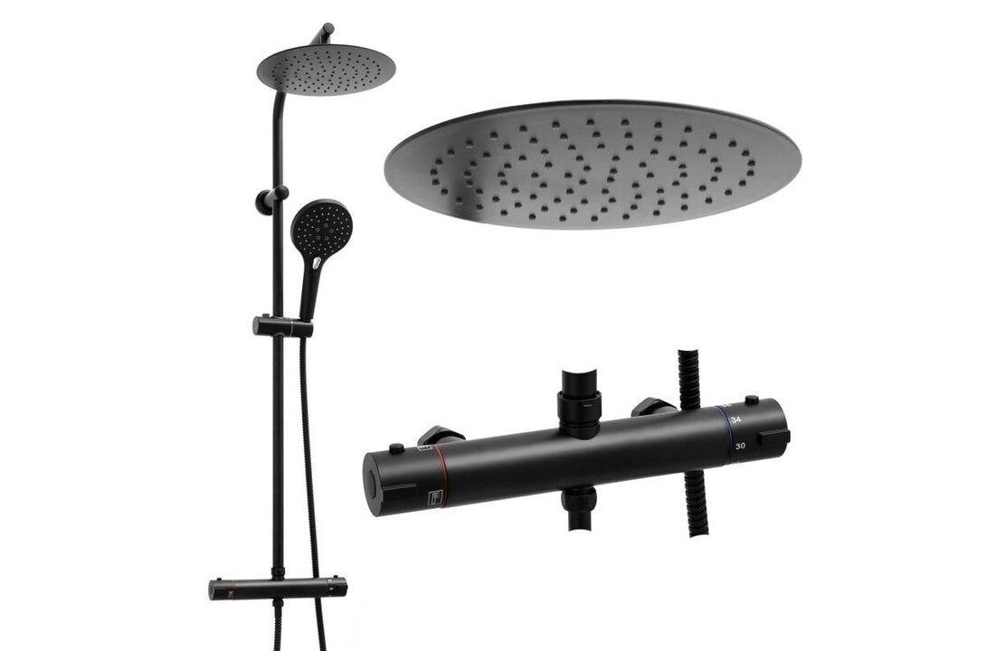 Regendouche met thermostaatkraan - Mat Zwart, 25cm Rond, Messing