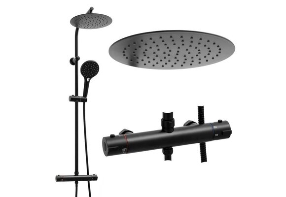 Regendouche met thermostaatkraan - Mat Zwart, 25cm Rond, Messing