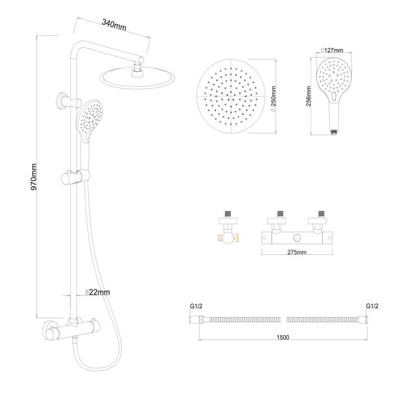Regendouche met thermostaatkraan - Mat Zwart, 25cm Rond, Messing