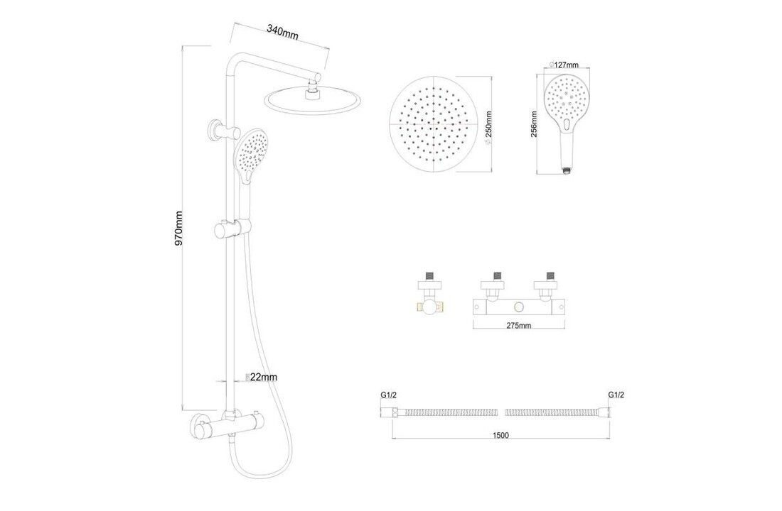 Zwarte douchekop met thermostaat - Mat zwart, 25cm rond, RVS