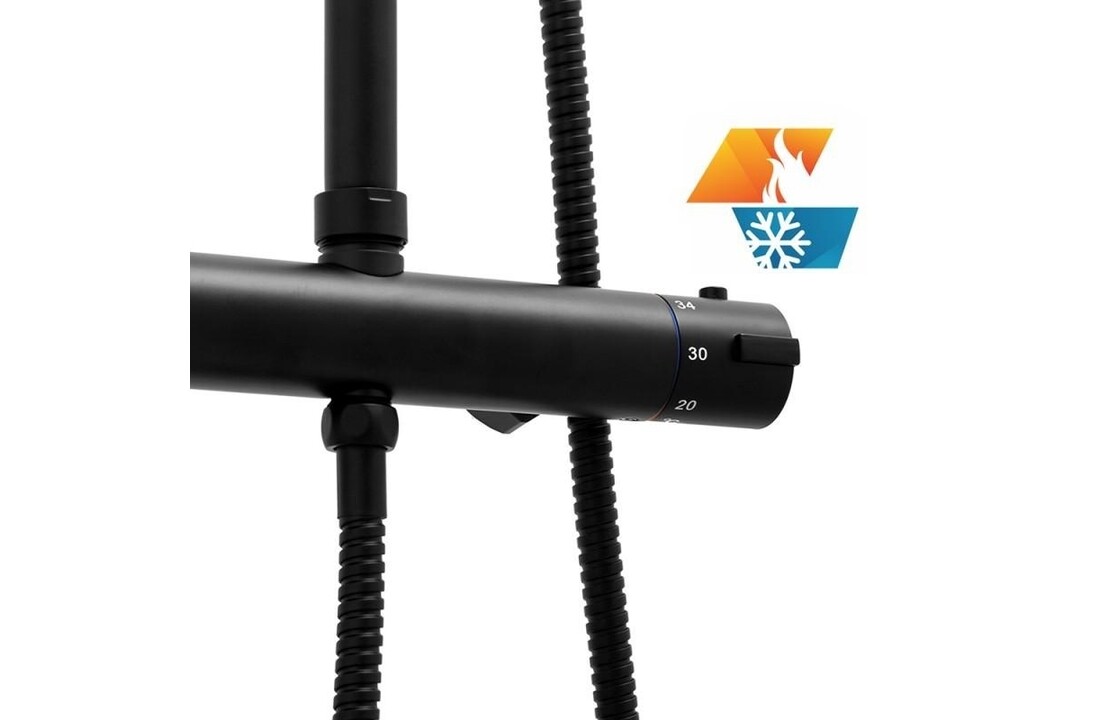 Zwarte douchekop met thermostaat - Mat zwart, 25cm rond, RVS