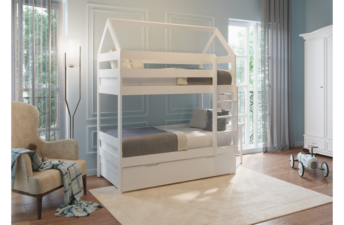 Stapelbed huisje wit grenenhout 80x160 cm met lade