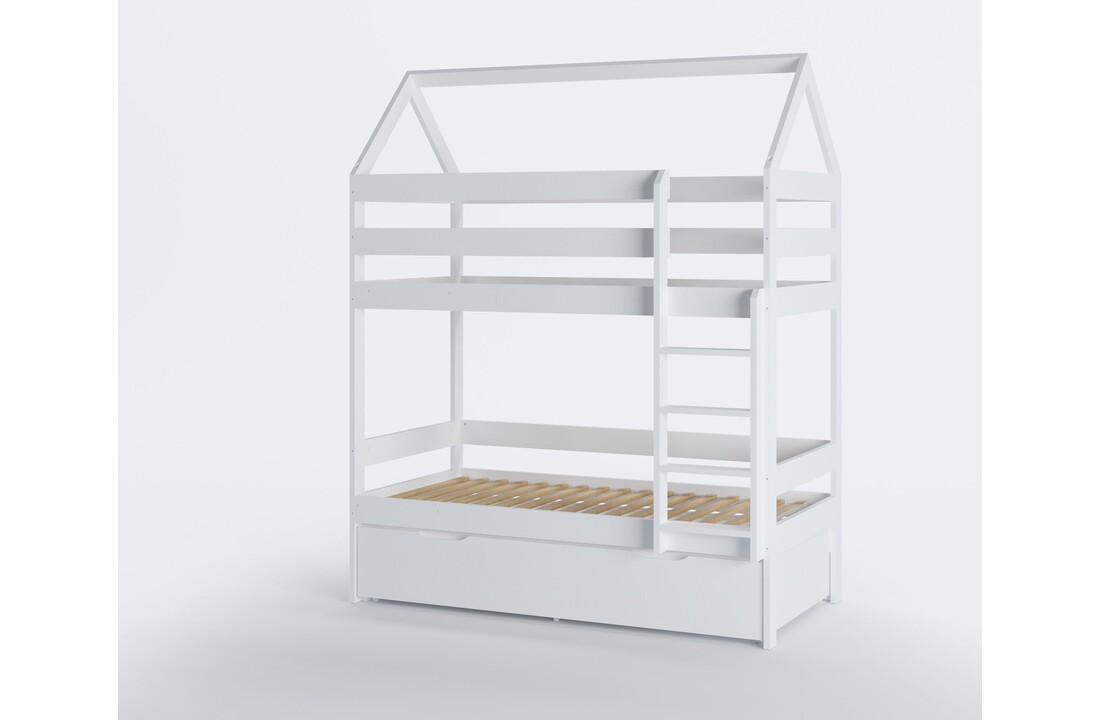 Kinder stapelbed lade - Wit huisje, 80x160 cm grenenhout