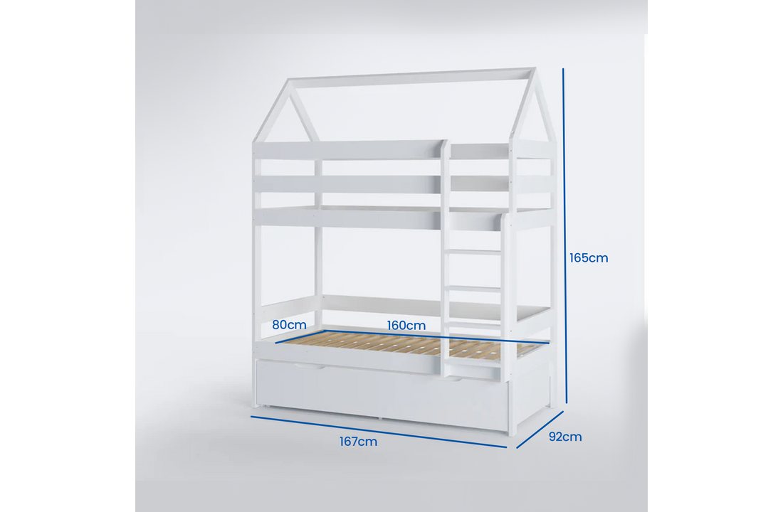 Kinder stapelbed lade - Wit huisje, 80x160 cm grenenhout