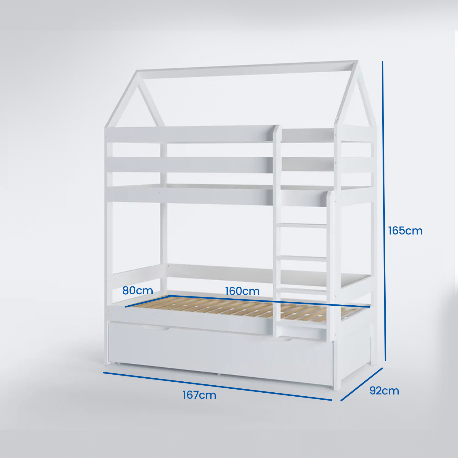 Kinder stapelbed lade - Wit huisje, 80x160 cm grenenhout