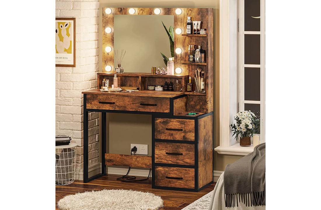 Kaptafel spiegel verlichting - Industrieel 92x40x143,5cm Bruin/Zwart