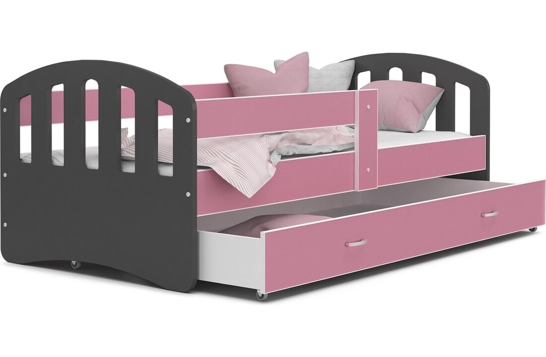 Kinderbed grijs roze | 140x80cm | Houten bed met lade